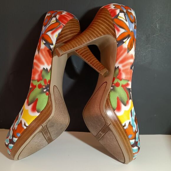 Nine West Dance Multi Colored Floral Peep Toe Stacked Heel Pump 10M - Picture 10 of 10